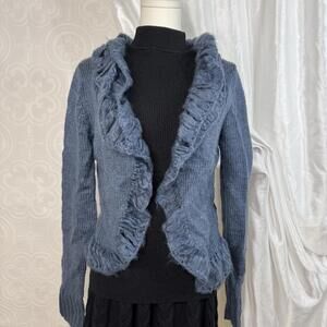 Whimsigoth Mohair Knit Ruffle Cardigan Blue Open Front Sweater Womens Large
